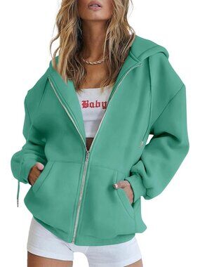 Women's Mint Green Long Sleeve Pockets Zip Up Hoodies Sweatshirts Track Jackets